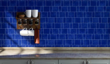 Boş mermer mutfak tezgahı mavi alternatif seramik fayanslı duvar, sabah güneşinin altında, ve duvarda mutfak rafı çeşitli mutfak gereçleri, 3D