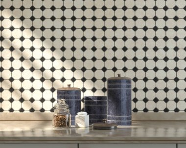 Mutfak önü mermer mutfak tezgahı, kavanozlar ve tuzluk sabah güneşinin altında seramik küçük elmas fayans duvarı, 3D döşeme