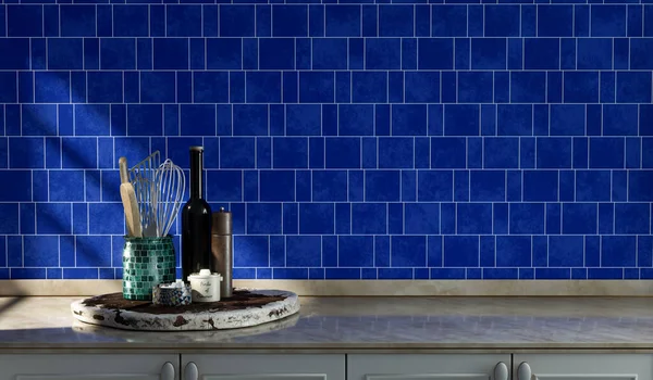 아래서 파란색으로 번갈아 세라믹 벽으로 부엌에서 나오는 기구와 칩니다 렌더링 — 스톡 사진