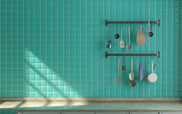 Front view kitchen with marble kitchen countertop and some dishes on it under warm morning sunshine, turquoise tiled wall, and wall hung kitchen shelf various kitchenware on it, 3d Rendering