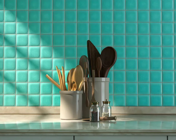 Front view kitchen with marble kitchen countertop, wooden spoon set, salt and pepper shakers on it under warm morning sunshine, turquoise tiled wall, 3d Rendering