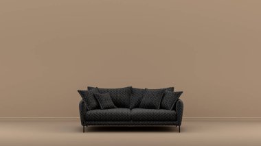 Koyu ve kadifemsi yumuşak kumaşlı tek koltuklu açık kahverengi tek renkli iç oda, tek renkli mobilya, 3D renkte, boş oda.