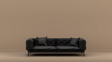 Tek renkli, siyah ve parlak deri koltuklu, kahverengi, kahverengi renkli, tek renkli mobilyalı, 3D renkte, poster arka planlı.
