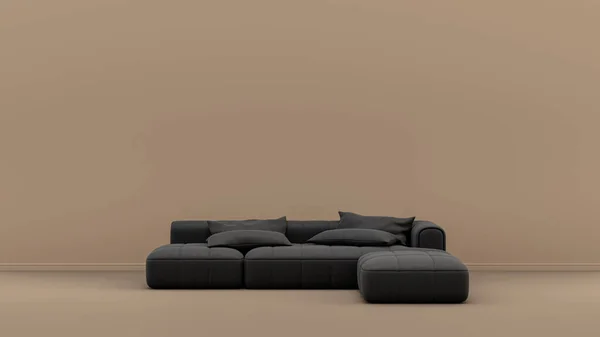 単色黒と光沢のある革のシングルソファと室内の部屋日焼け シエナ茶色の色の部屋 単色の家具 3Dレンダリング ポスターの背景 — ストック写真
