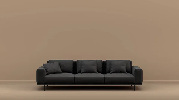 単色黒と光沢のある革のシングルソファと室内の部屋日焼け シエナ茶色の色の部屋 単色の家具 3Dレンダリング ポスターの背景 — ストック写真