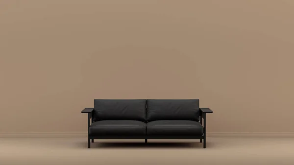 Interior room with monochrome black and glossy leather single sofa in tan, sienna brown color room, single color furniture, 3d Rendering, poster background