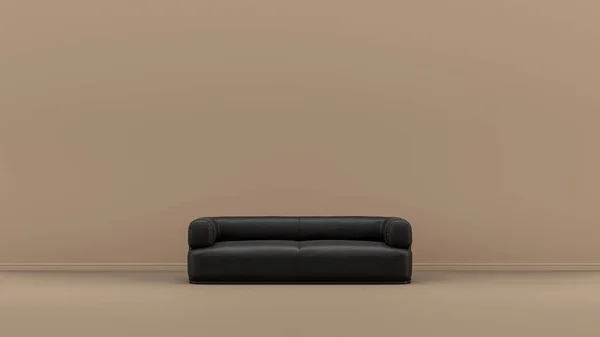 Intérieur Avec Canapé Simple Monochrome Noir Cuir Brillant Bronzage Chambre — Photo