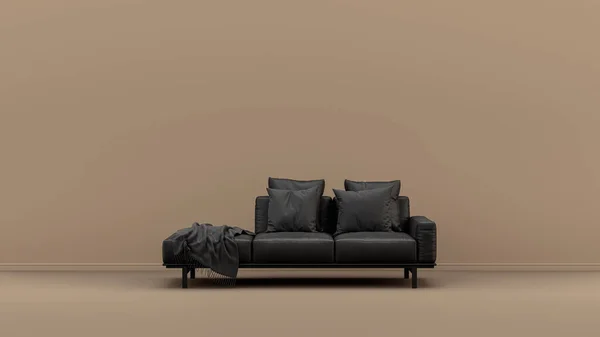 単色黒と光沢のある革のシングルソファタン シエナ茶色の色の部屋 単色の家具 3Dレンダリング ポスターの背景を持つ室内の部屋 — ストック写真