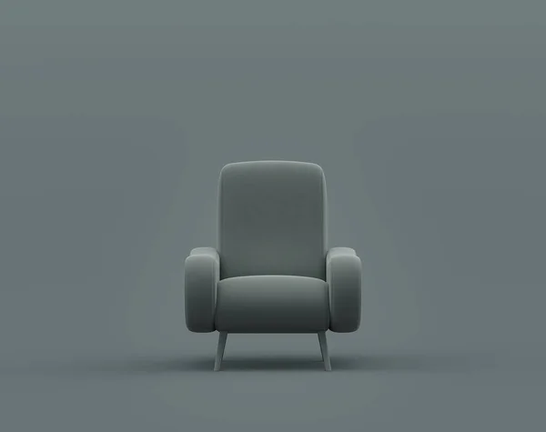 单色灰色天鹅绒扶手椅 单色灰色室内 单色灰色 3D渲染 画框背景 — 图库照片