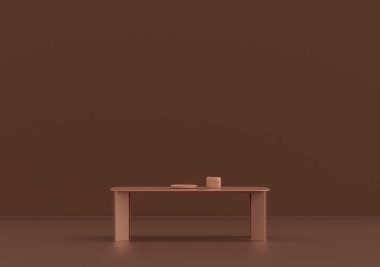 Tek kahve masası, pembe kahverengi odada küçük dekoratif vazolar, tek renk tek renk, 3D Renklendirme, kopyalama alanı olan boş oda.