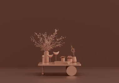 Kitaplı tek bir kahve masası, pembe kahverengi odada süs bitkileri ve vazolar, tek renkli tek renkli, 3D Renklendirmeli, kopyalama alanı olan boş oda.