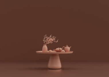 Çaydanlık ve çay fincanı, meyve tabağı, süs bitkileri ve vazolar pembe kahverengi odada, tek renk, 3D Renklendirme, kopyalama alanı olan boş oda.