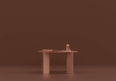 Şarjörlü tek kişilik sehpa ve pembe kahverengi odada bir çocuk figürü, tek renkli tek renk, 3D Renklendirme, fotokopi alanı olan boş oda.