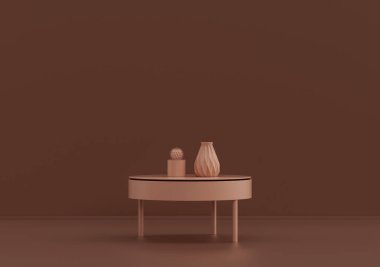 Tek kahve masası, süslemeli bitkiler ve vazolar pembe kahverengi odada, tek renk, 3D Renklendirme, kopyalama alanı olan boş oda.