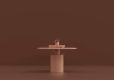 Kitaplı tek bir kahve masası, pembe kahverengi odada süs bitkileri ve vazolar, tek renkli tek renkli, 3D Renklendirmeli, kopyalama alanı olan boş oda.