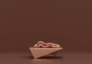 Pembe kahverengi odada büyük zincirleri olan tek kişilik kahve masası, tek renk tek renk, 3D Renklendirme, kopyalama alanı olan boş oda.