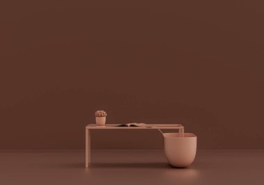 İçinde dergi ve süs bitkileri olan tek kişilik sehpa pembe kahverengi odada, tek renk, 3D Renklendirme, fotokopi alanı olan boş oda.