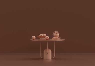 Meyve tabağı, kitaplar, süs bitkileri ve vazolarla dolu tek renkli tek renkli kahve masası, 3D Renklendirme, kopyalama alanı olan boş oda