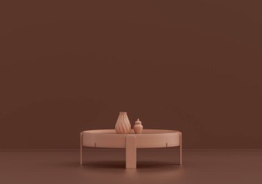 Tek kahve masası, süslemeli bitkiler ve vazolar pembe kahverengi odada, tek renk, 3D Renklendirme, kopyalama alanı olan boş oda.