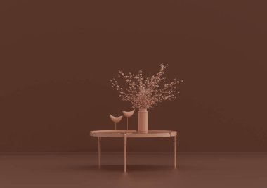 Tek kahve masası, süslemeli bitkiler ve vazolar pembe kahverengi odada, tek renk, 3D Renklendirme, kopyalama alanı olan boş oda.