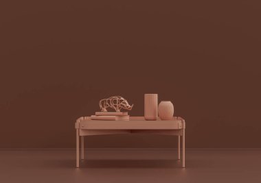 Vazo ve kitaplarla dolu tek kişilik sehpa pembe kahverengi odada, tek renkli, üç boyutlu renkte, boş, kopyalama alanı olan oda.