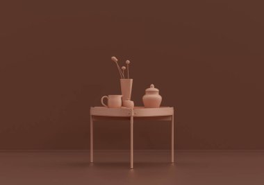Tek kahve masası, süslemeli bitkiler ve vazolar pembe kahverengi odada, tek renk, 3D Renklendirme, kopyalama alanı olan boş oda.