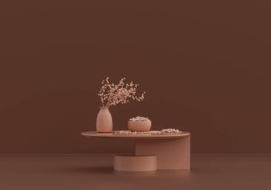 Tek kahve masası, süslemeli bitkiler ve vazolar pembe kahverengi odada, tek renk, 3D Renklendirme, kopyalama alanı olan boş oda.