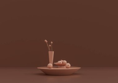 Tek kahve sehpası, meyve tabağı ve vazo, pembe kahverengi oda, tek renk, 3D Renklendirme, boş oda ve kopyalama alanı