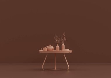 Çaydanlık ve çay fincanlı tek kahve masası, pembe kahverengi odada süs bitkileri ve vazolar, tek renk, tek renk, 3D Renklendirme, fotokopi alanı olan boş oda.
