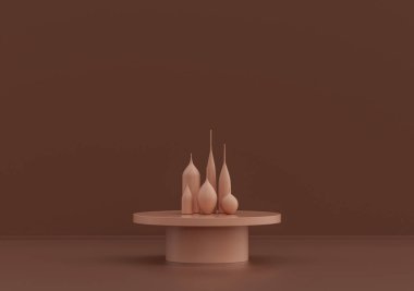 Tek kahve masası, süslemeli bitkiler ve vazolar pembe kahverengi odada, tek renk, 3D Renklendirme, kopyalama alanı olan boş oda.