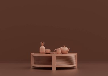 Çaydanlık ve çay fincanlı tek kahve masası, pembe kahverengi odada süs bitkileri ve vazolar, tek renk, tek renk, 3D Renklendirme, fotokopi alanı olan boş oda.