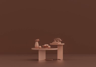 Meyve tabağı, kitaplar, süs bitkileri ve vazolarla dolu tek renkli tek renkli kahve masası, 3D Renklendirme, kopyalama alanı olan boş oda