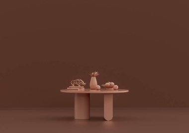 Meyve tabağı, kitaplar, süs bitkileri ve vazolarla dolu tek renkli tek renkli kahve masası, 3D Renklendirme, kopyalama alanı olan boş oda