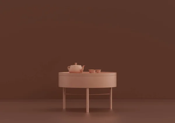 Egyszemélyes Dohányzóasztal Teáskanállal Teáscsészével Rózsaszínű Barna Szobában Monokróm Egyszínű Renderelés — Stock Fotó