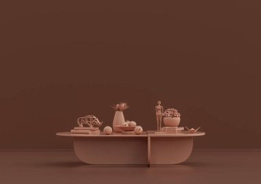 Meyve tabağı, kitaplar, süs bitkileri ve vazolarla dolu tek renkli tek renkli kahve masası, 3D Renklendirme, kopyalama alanı olan boş oda