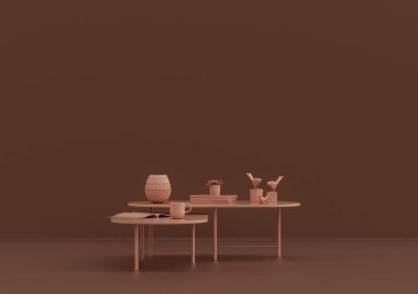 Kahve fincanı ve kitaplarla dolu tek kişilik sehpa pembe kahverengi odada, tek renk tek renk, 3D renkte, boş oda ve kopyalama alanı var.