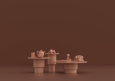 Tek kahve masası retro telefon, çaydanlık ve kahverengi odada bir çocuk figürü, tek renkli tek renk, 3D Renklendirme, kopyalama alanı olan boş oda