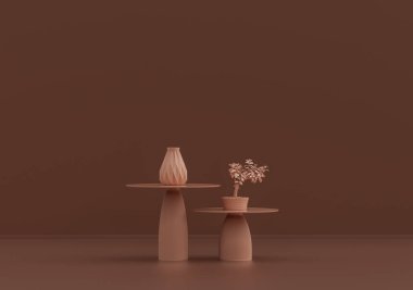 Tek kahve masası, süslemeli bitkiler ve vazolar pembe kahverengi odada, tek renk, 3D Renklendirme, kopyalama alanı olan boş oda.