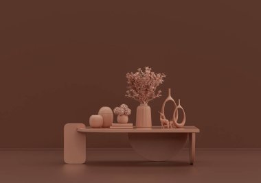 Kitaplı tek bir kahve masası, pembe kahverengi odada süs bitkileri ve vazolar, tek renkli tek renkli, 3D Renklendirmeli, kopyalama alanı olan boş oda.