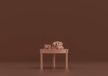 Tek kahve masası, retro telefon, pembe kahverengi oda, tek renk, 3D Renklendirme, kopyalama alanı olan boş oda.