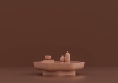 Vazo ve kitaplarla dolu tek kişilik sehpa pembe kahverengi odada, tek renkli, üç boyutlu renkte, boş, kopyalama alanı olan oda.