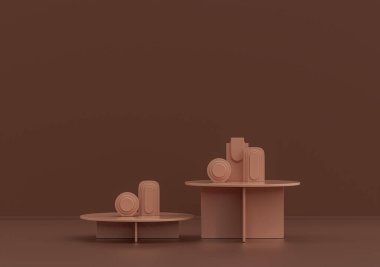 Tek kahve masası, pembe kahverengi oda, tek renk tek renk, 3D Renklendirme, kopyalama alanı olan boş oda.