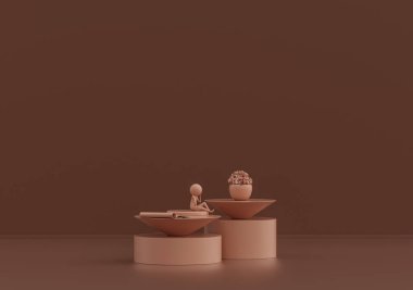 Süslü bitkiler ve vazolarla tek kahve masası, dergi ve pembe kahverengi odada bir çocuk heykeli, tek renk, 3D Renklendirme, fotokopi alanı olan boş oda