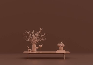 Kitaplı tek bir kahve masası, pembe kahverengi odada süs bitkileri ve vazolar, tek renkli tek renkli, 3D Renklendirmeli, kopyalama alanı olan boş oda.