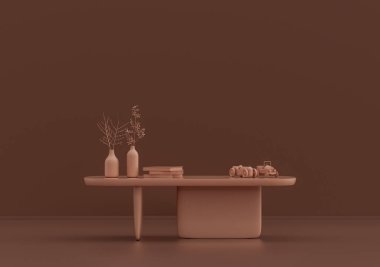 Kitaplı tek bir kahve masası, pembe kahverengi odada süs bitkileri ve vazolar, tek renkli tek renkli, 3D Renklendirmeli, kopyalama alanı olan boş oda.
