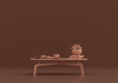 Kahve fincanı ve kitaplarla dolu tek kişilik sehpa pembe kahverengi odada, tek renk tek renk, 3D renkte, boş oda ve kopyalama alanı var.