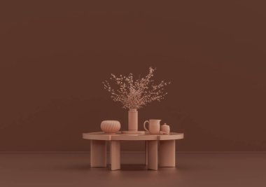 Tek kahve masası, süslemeli bitkiler ve vazolar pembe kahverengi odada, tek renk, 3D Renklendirme, kopyalama alanı olan boş oda.