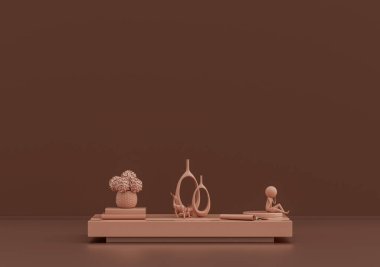 Kitaplı tek kahve masası, süs bitkileri, çocuk heykelciği ve vazolar pembe kahverengi odada, tek renk, 3D Renklendirme, fotokopi alanı olan boş oda