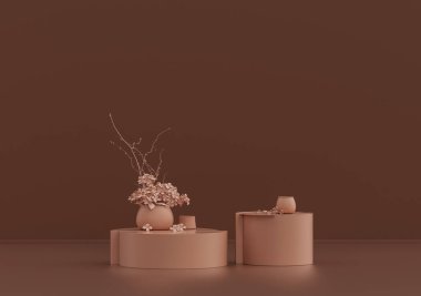 Tek kahve masası, süslemeli bitkiler ve vazolar pembe kahverengi odada, tek renk, 3D Renklendirme, kopyalama alanı olan boş oda.