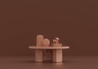 Vazo ve kitaplarla dolu tek kişilik sehpa pembe kahverengi odada, tek renkli, üç boyutlu renkte, boş, kopyalama alanı olan oda.